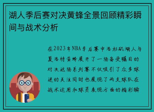 湖人季后赛对决黄蜂全景回顾精彩瞬间与战术分析